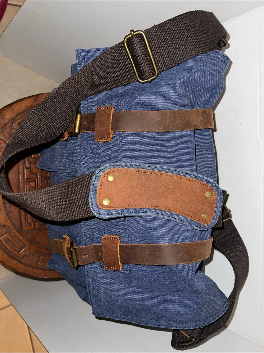 Large Navy Canvas Messenger Bag with Brown Leather Trim by Kattee